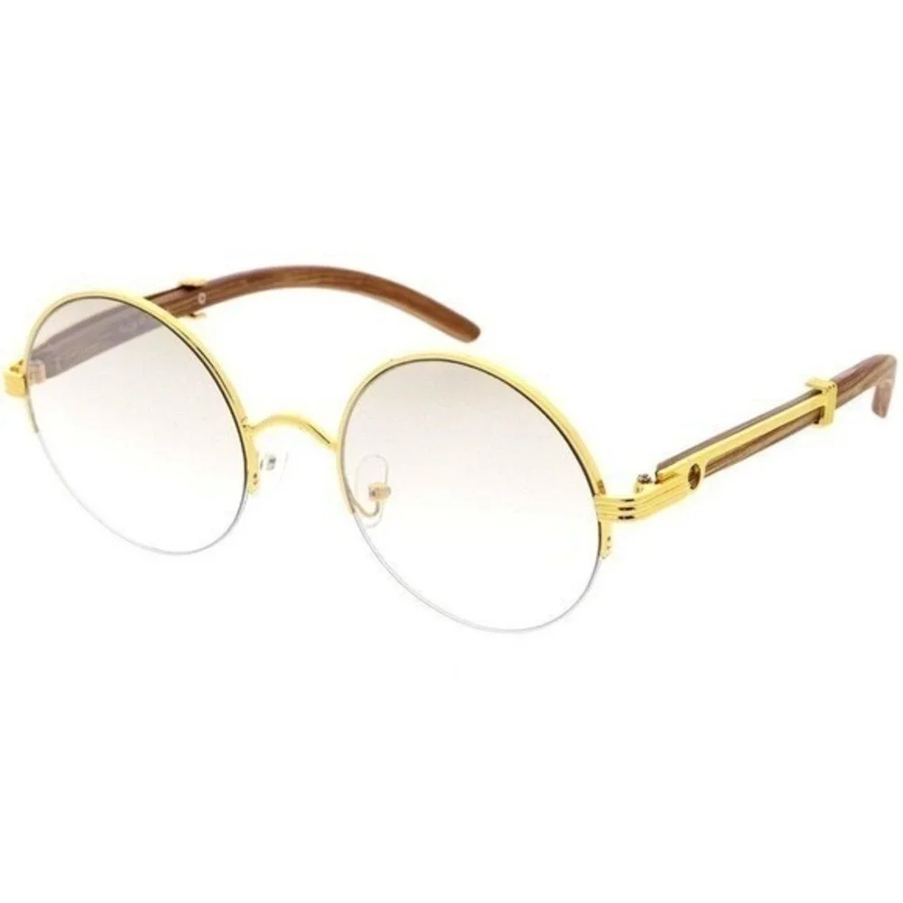 Women Round Sunglasses Gold Frame Wood Temple Vintage Style Clear Lens Festival